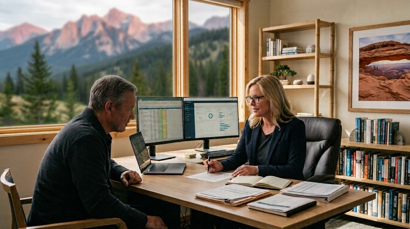 Accountant reviewing financial statements with a business owner in a mountain-view office