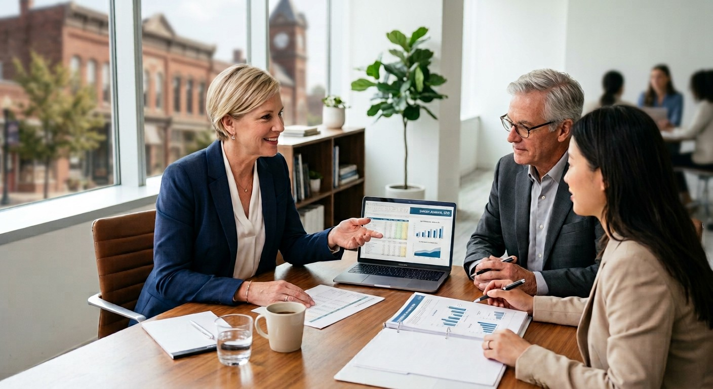 Fractional CFO reviewing financial reports with two business owners