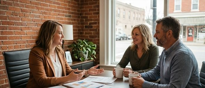 Advisor discussing financial reports with two business partners