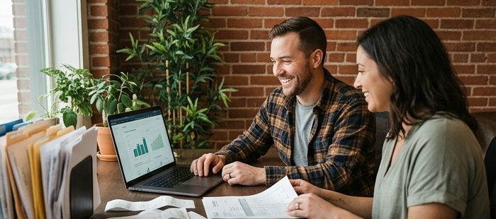 Business owners reviewing a QuickBooks dashboard on a laptop