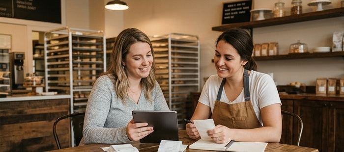 Bookkeeper reviewing receipts with a bakery owner